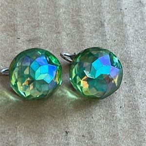 TRIFARI CROWN ROUND CRYSTAL GREEN IRR CLIP EARRINGS